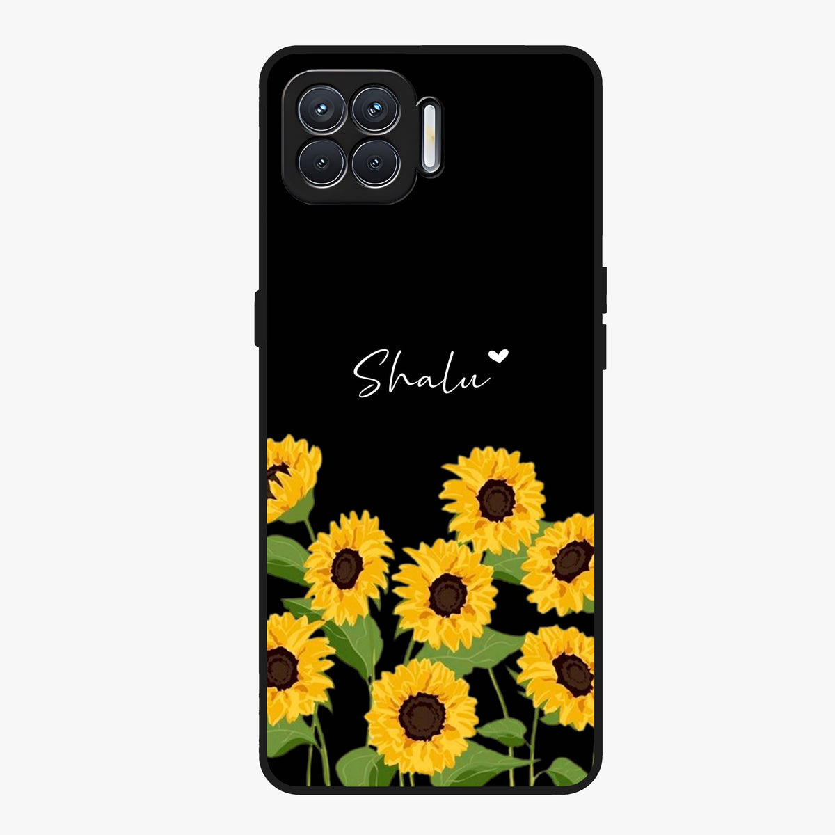 Sunflower Chic Mood Custom Name Glass Case showing flat back view with stylish sunflower artwork and personalized name design.