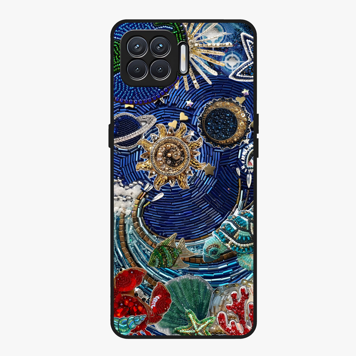 Universe Underwater Spark Glass Case showing flat back view with cosmic underwater themed artwork and glossy glass finish.