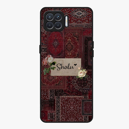 Velvet Wine Pattern Custom Name Glass Case showing flat back view with elegant wine colored pattern artwork and personalized name design.