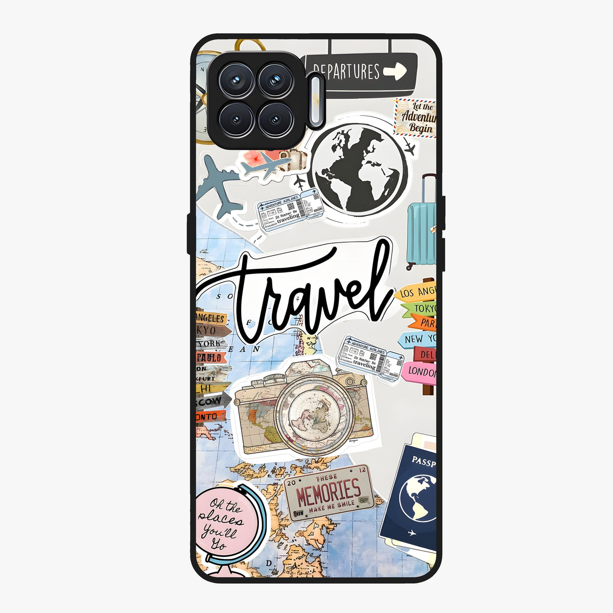 Wanderlust Journal Glass Case showing flat back view with travel inspired artwork and glossy glass finish.