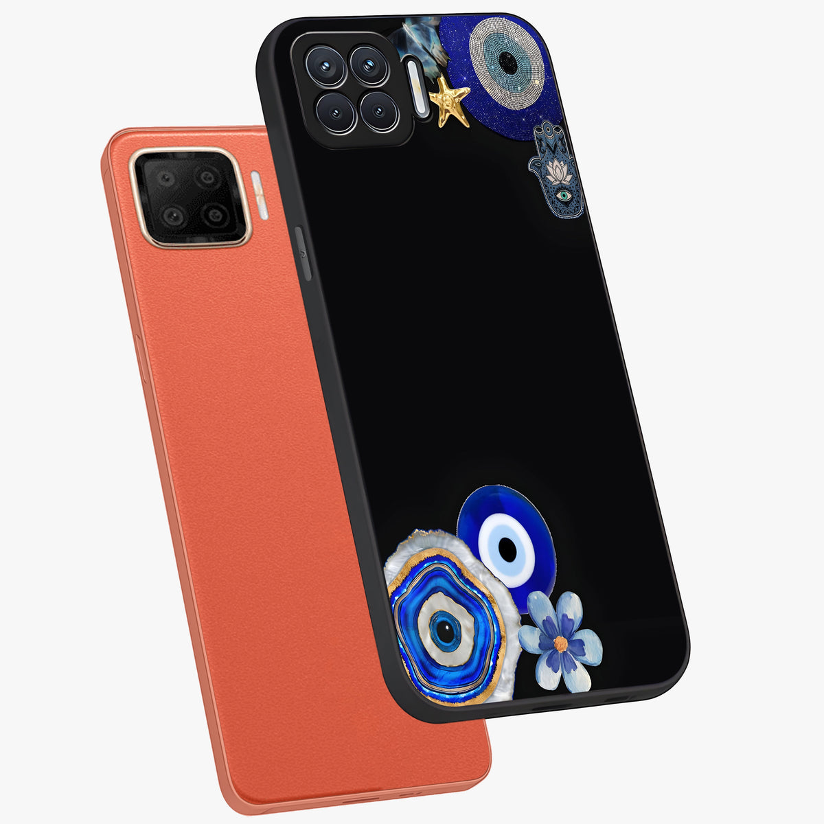 Aesthetic Blue Evil Eye Glass Case displayed in angled mockup highlighting blue evil eye symbol and spiritual aesthetic design.