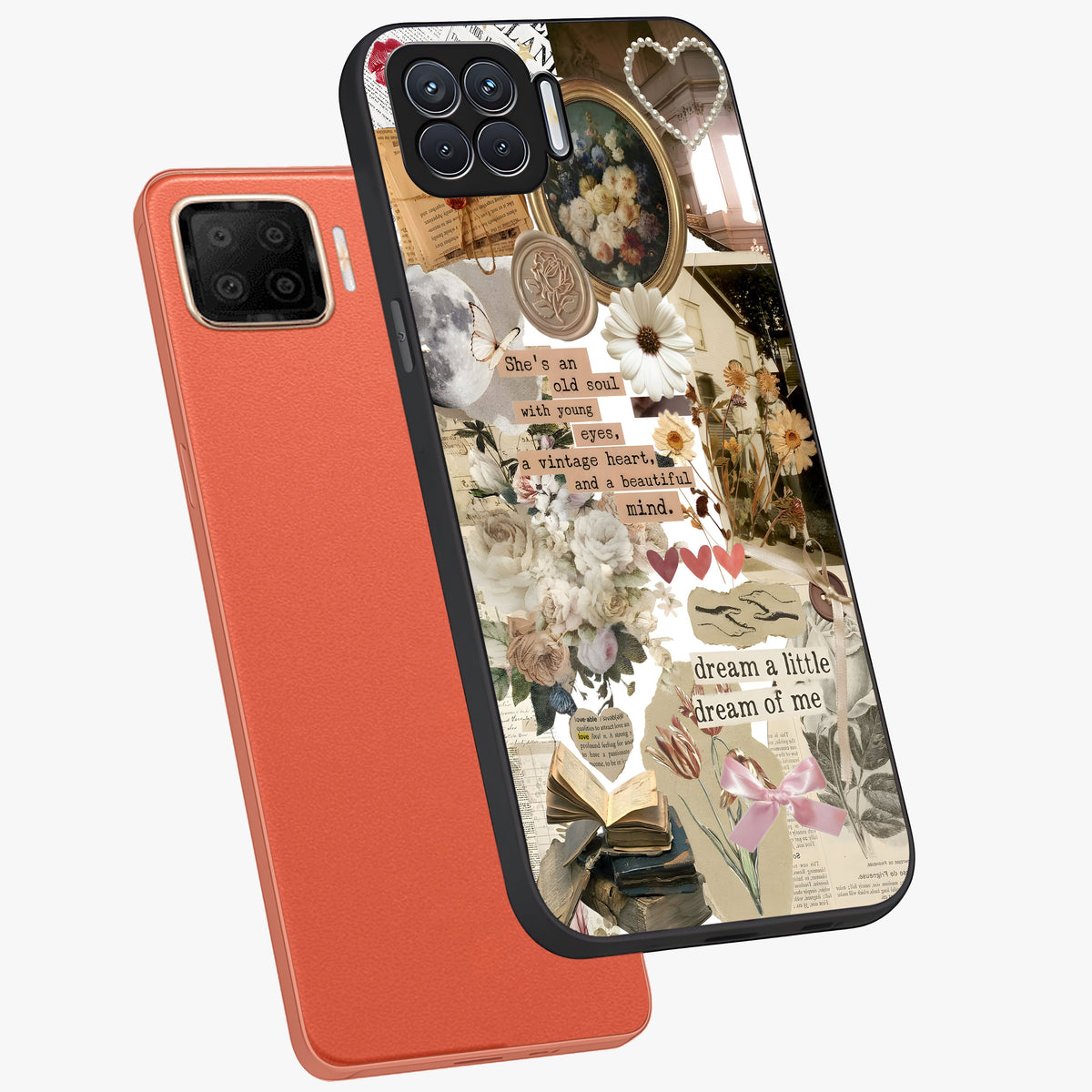 Aesthetic Brown Vintage Collage Glass Case displayed in angled mockup highlighting vintage aesthetic collage design.