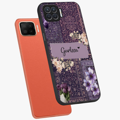 Antique Floral Whisper Custom Name Glass Case displayed in angled mockup highlighting elegant antique floral aesthetic.
