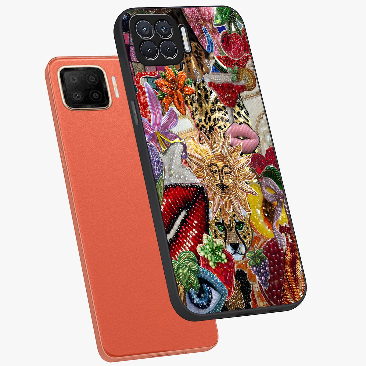 Beaded Fashion Jungle Glass Case displayed in angled mockup highlighting colorful fashion bead design and artistic pattern.