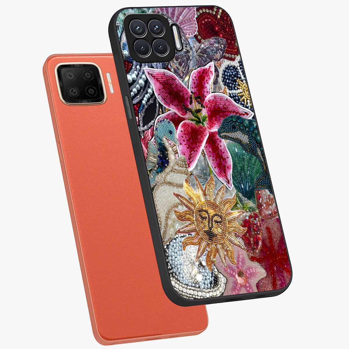 Beaded Garden Fantasy Glass Case displayed in angled mockup highlighting fantasy inspired floral bead pattern.