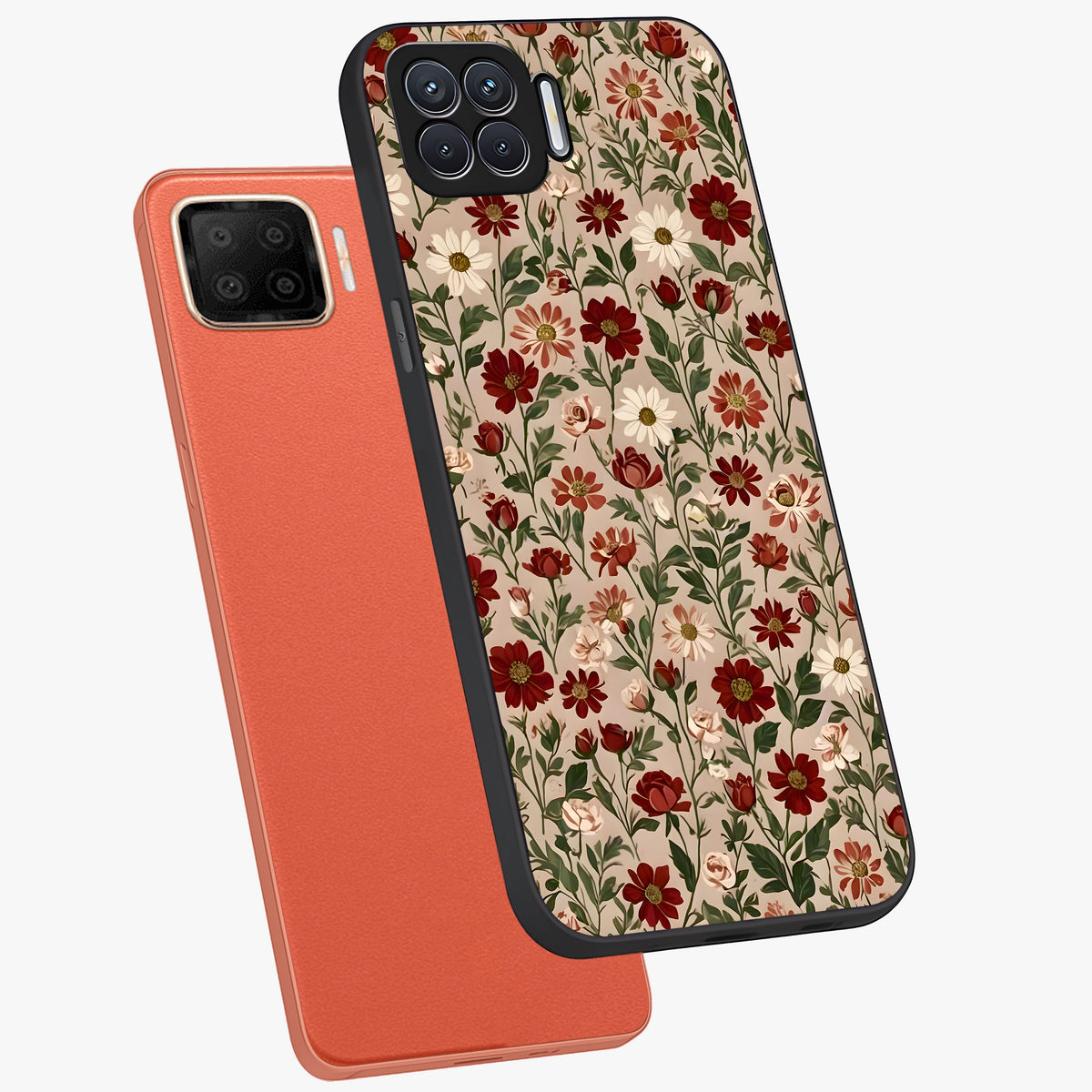 Biege Flower With Leaf Glass Case displayed in angled mockup highlighting minimal floral leaf design and elegant aesthetic.