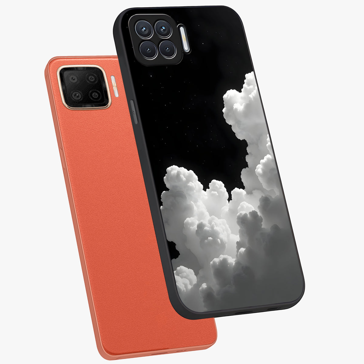 Black Background With White Cloud Glass Case displayed in angled mockup highlighting soft white cloud illustration and minimal design.