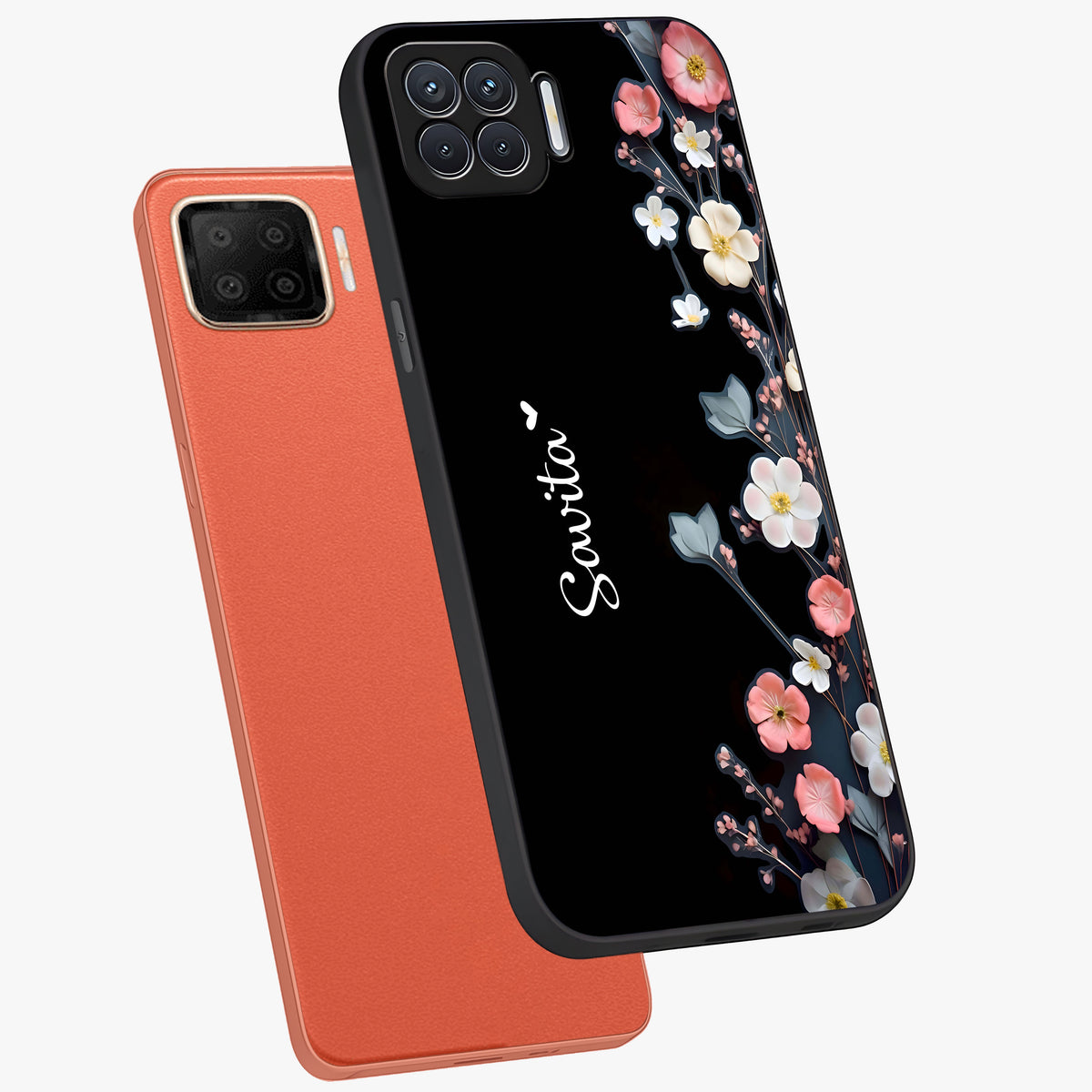 Black Elegance Floral Custom Name Glass Case displayed in angled mockup highlighting dark floral aesthetic and custom name feature.