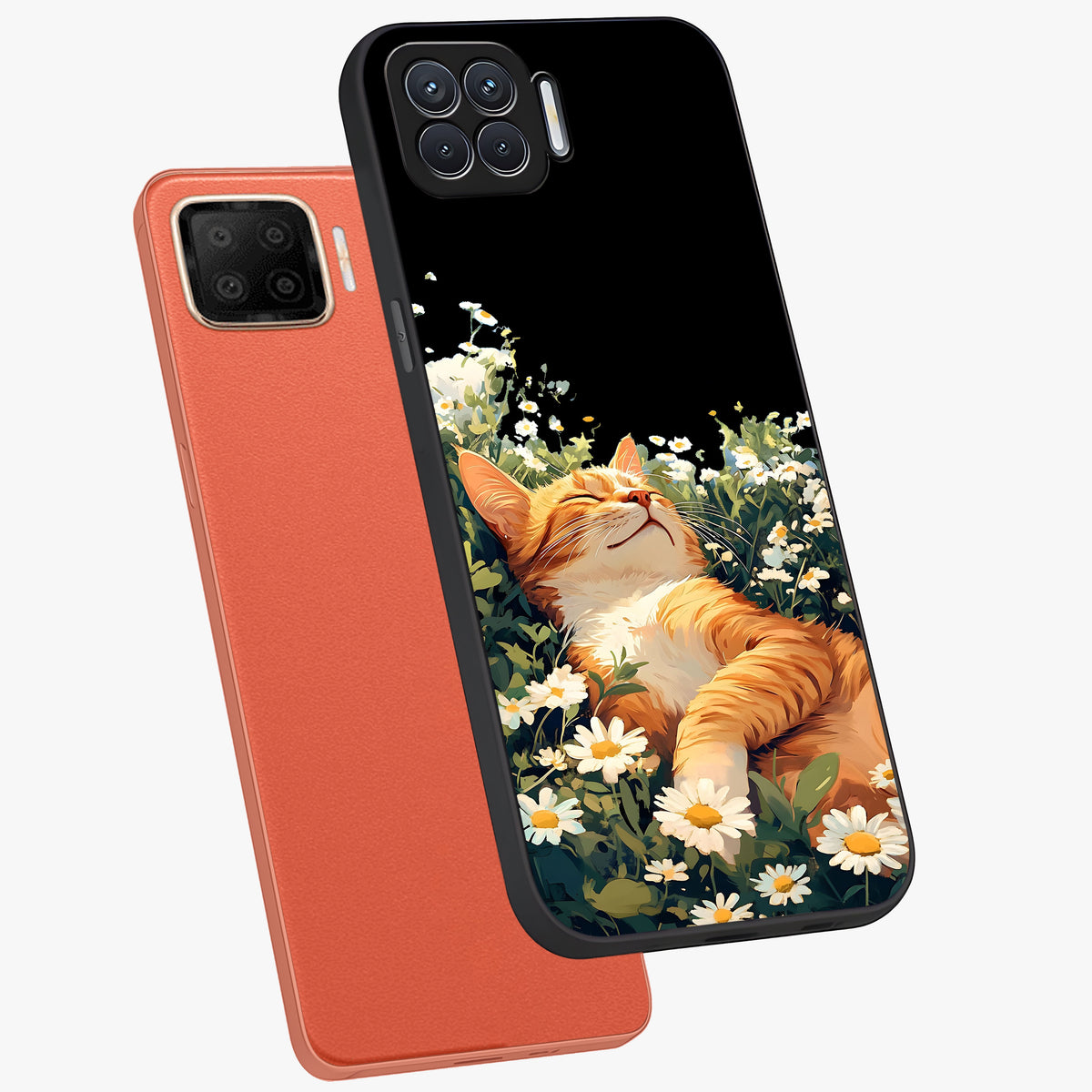 Blissful Bloom Cat Glass Case displayed in angled mockup highlighting playful feline illustration with soft floral aesthetic.