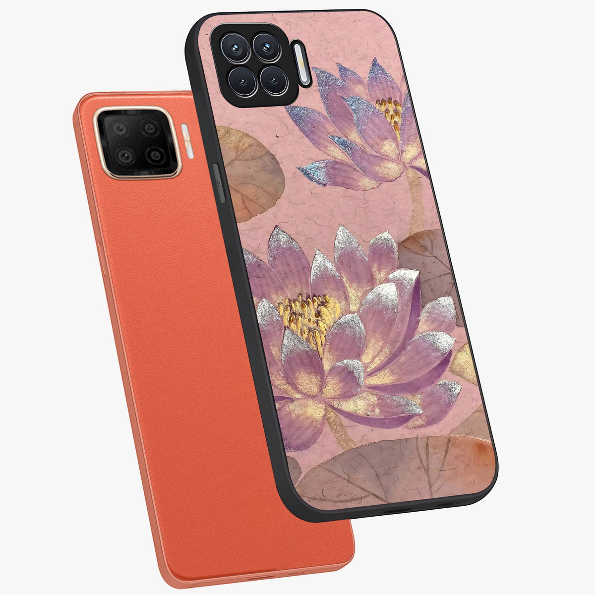 Blossom Mist Lotus Glass Case displayed in angled mockup highlighting delicate lotus illustration with calm aesthetic theme.