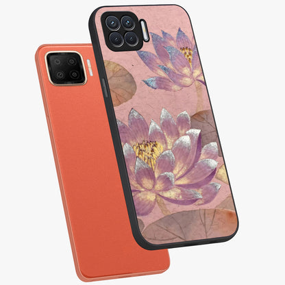 Blossom Mist Lotus Glass Case displayed in angled mockup highlighting delicate lotus illustration with calm aesthetic theme.