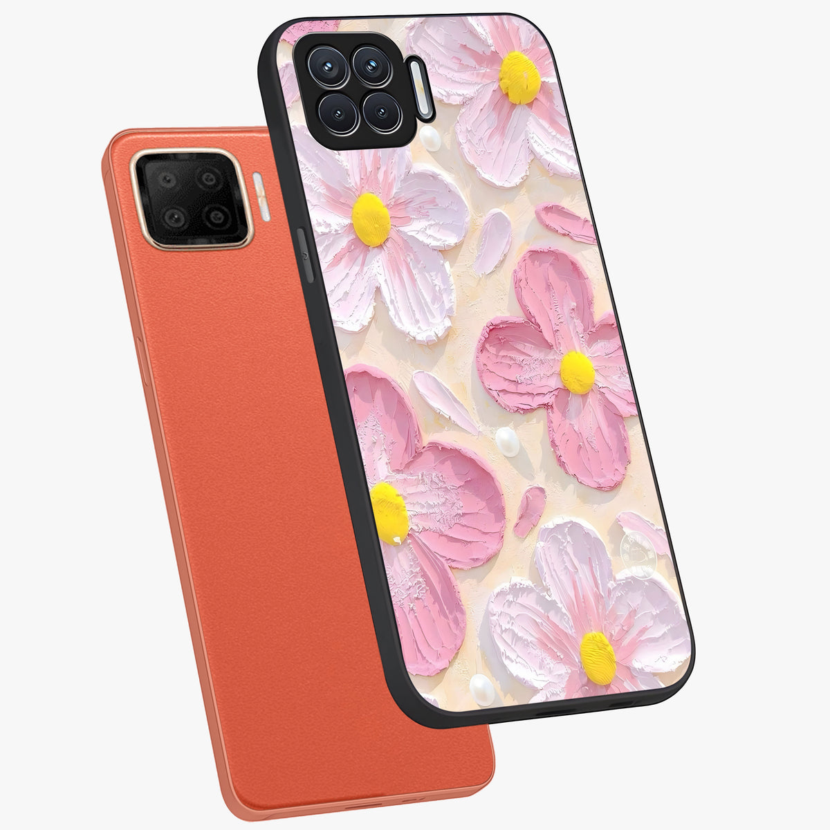 Blush Bloom Texture Glass Case displayed in angled mockup highlighting subtle bloom pattern with aesthetic pastel design.