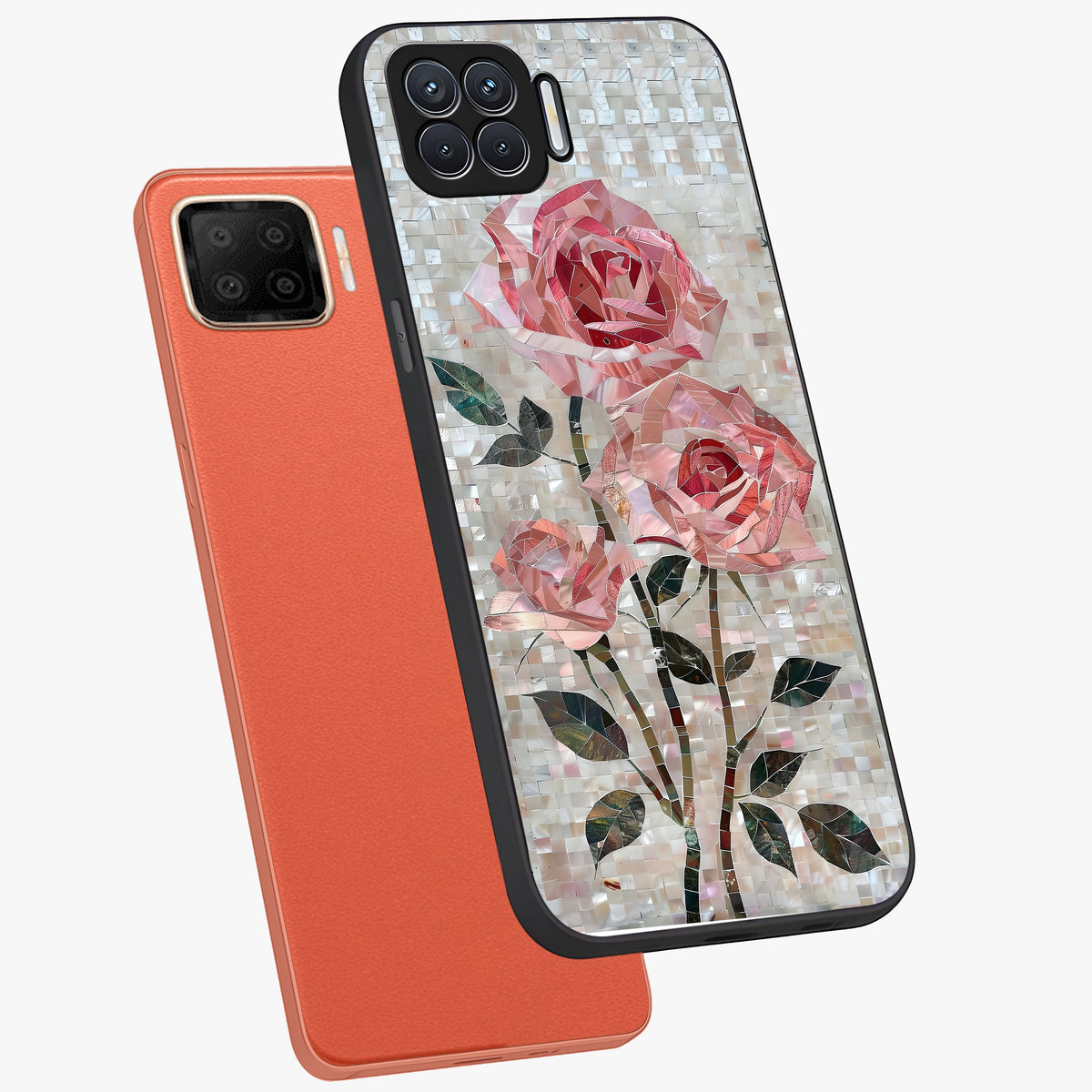 Blush Mosaic Bloom Glass Case displayed in angled mockup highlighting artistic mosaic flower pattern with aesthetic design.