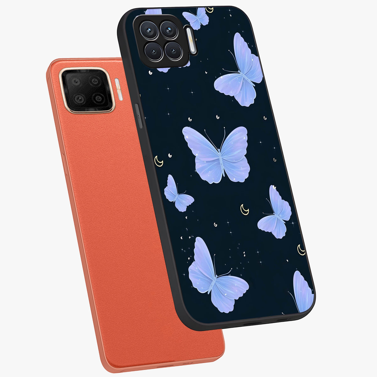 Butterfly With Stars Pattern Glass Case displayed in angled mockup highlighting dreamy butterfly and star design with aesthetic theme.