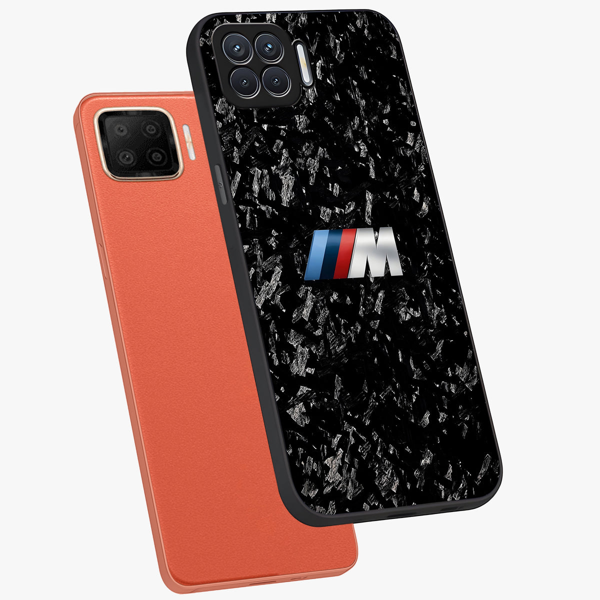 Carbon Speed Mark Glass Case displayed in angled mockup highlighting racing inspired carbon design and sleek aesthetic style.
