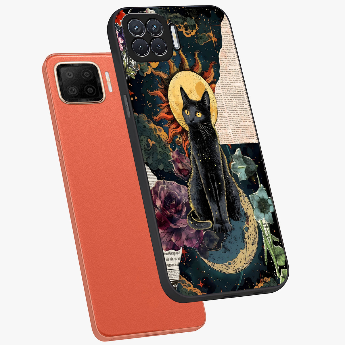 Celestial Black Cat Glass Case displayed in angled mockup highlighting cosmic black cat design with celestial aesthetic.