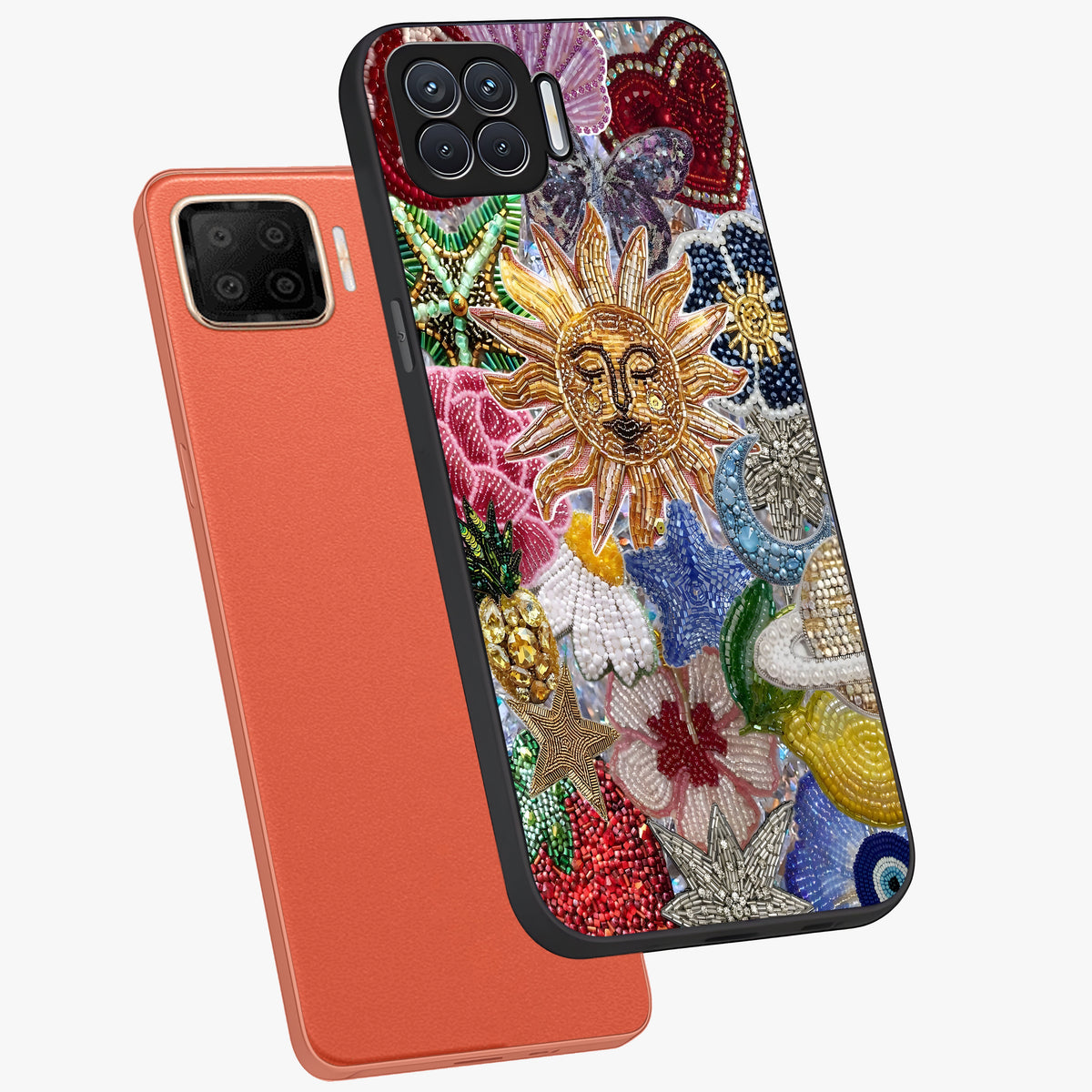 Celestial Floral and Playful Glass Case displayed in angled mockup highlighting playful floral design with dreamy celestial elements.