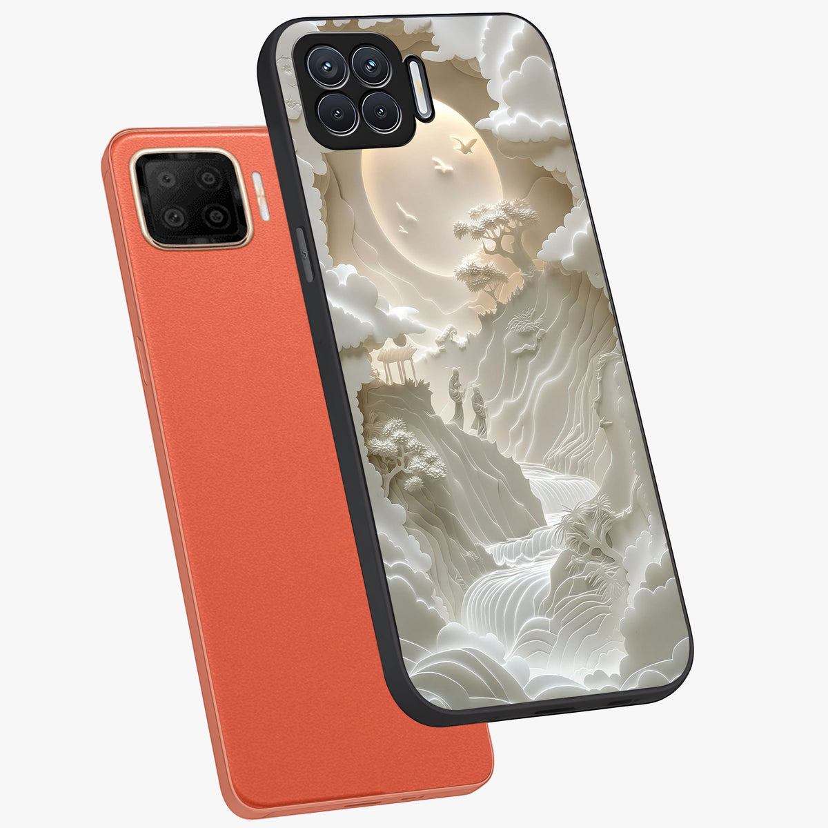 Celestial Origami Glass Case displayed in angled mockup highlighting geometric origami design with cosmic aesthetic theme.