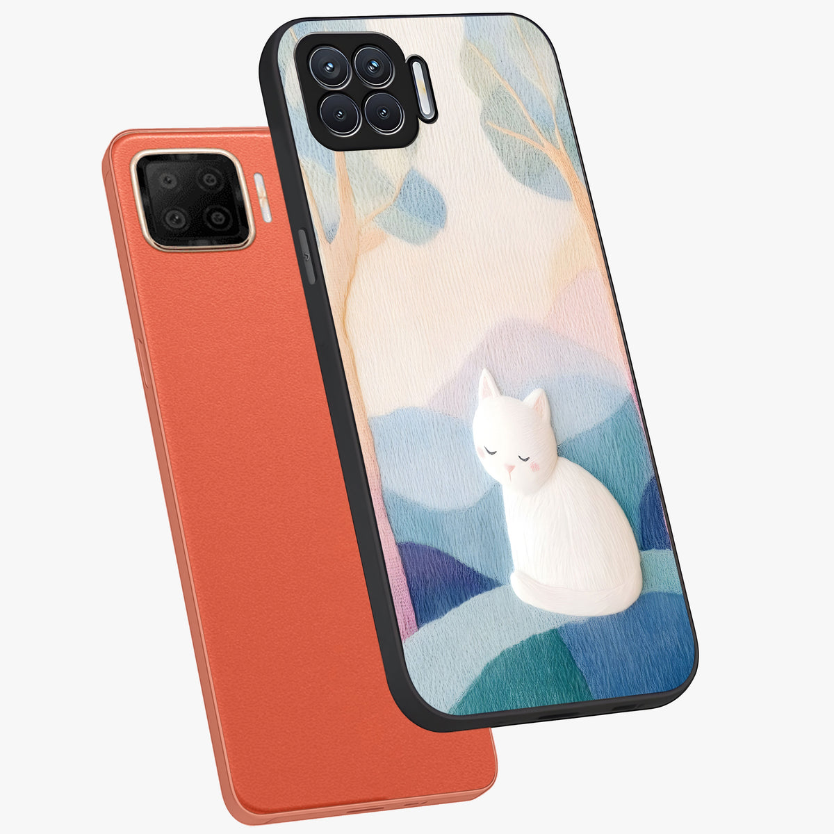 Cotton Dream Cat Glass Case displayed in angled mockup highlighting cute feline illustration with pastel aesthetic style.