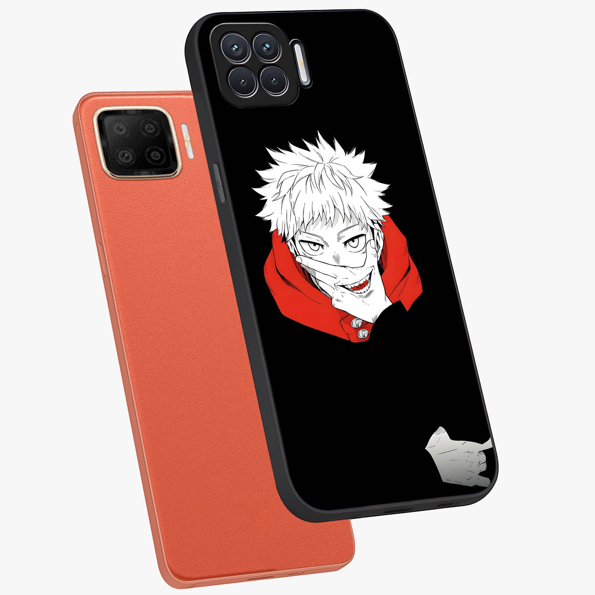 Crimson Chaos Smile Glass Case displayed in angled mockup highlighting edgy crimson smile design with graphic aesthetic.