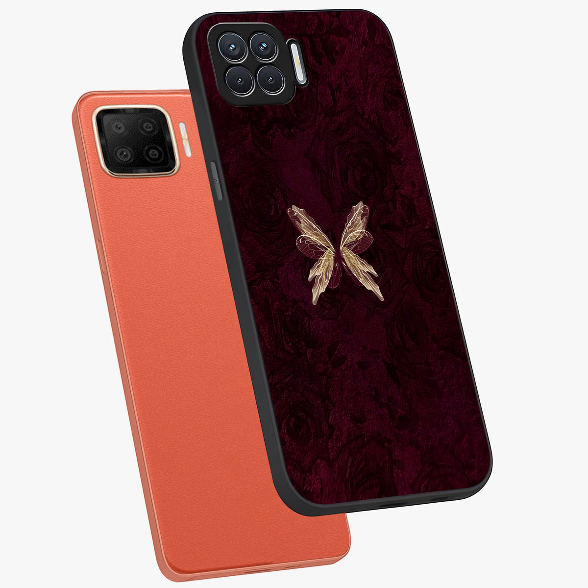 Crimson Fade Butterfly Glass Case displayed in angled mockup highlighting elegant butterfly design with crimson gradient aesthetic.