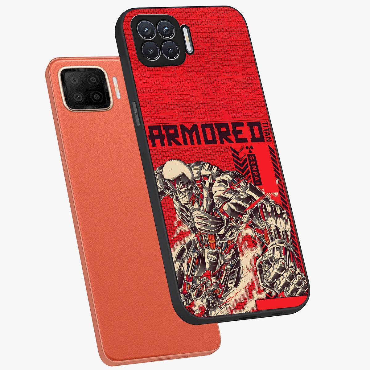 Crimson Mecha Titan Glass Case displayed in angled mockup highlighting futuristic mech illustration with bold crimson aesthetic.