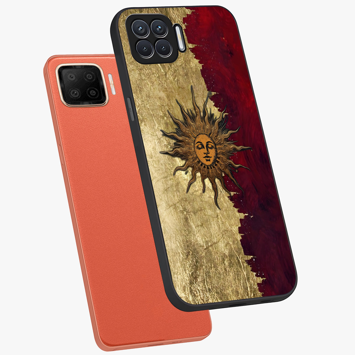 Crimson Sun Majesty Glass Case displayed in angled mockup highlighting majestic crimson sun design with bold aesthetic style.