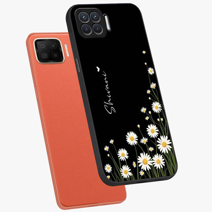 Daisy Cascade Custom Name Glass Case displayed in angled mockup highlighting delicate daisy artwork with custom name feature.