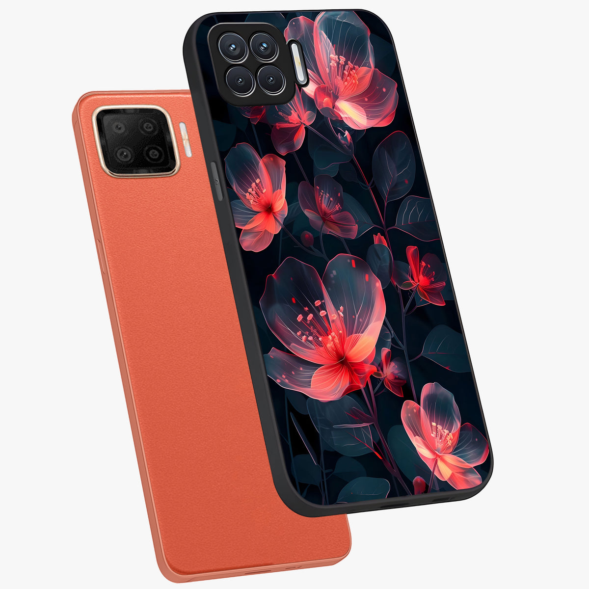 Dark Shade of Flower Glass Case displayed in angled mockup highlighting moody floral illustration with aesthetic dark tones.