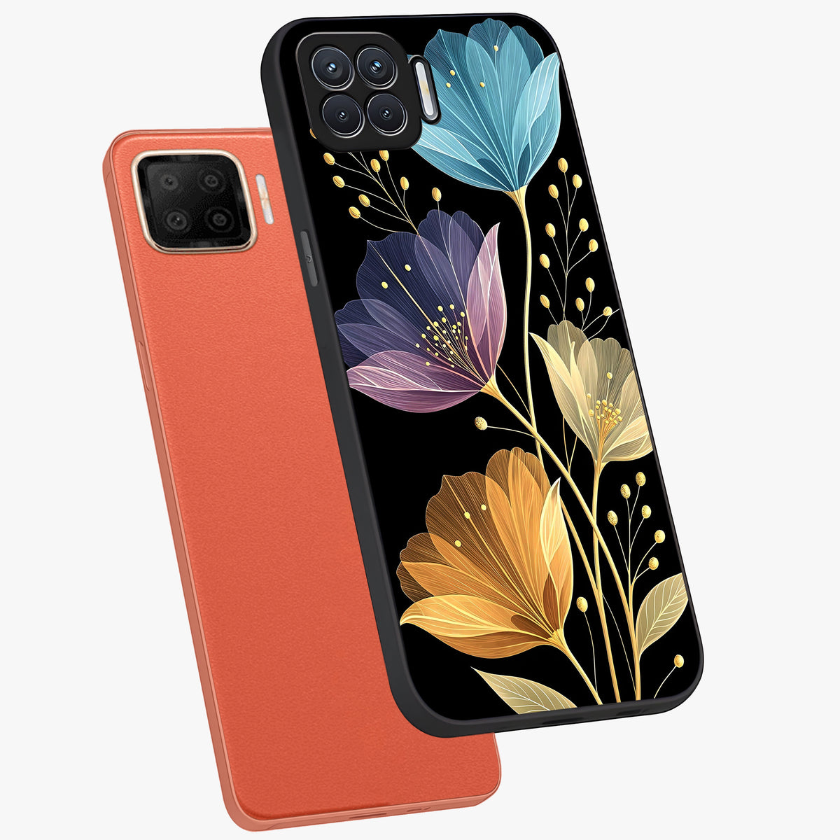 Delicate Multicolor Flowers Glass Case displayed in angled mockup highlighting colorful flower pattern with soft aesthetic style.