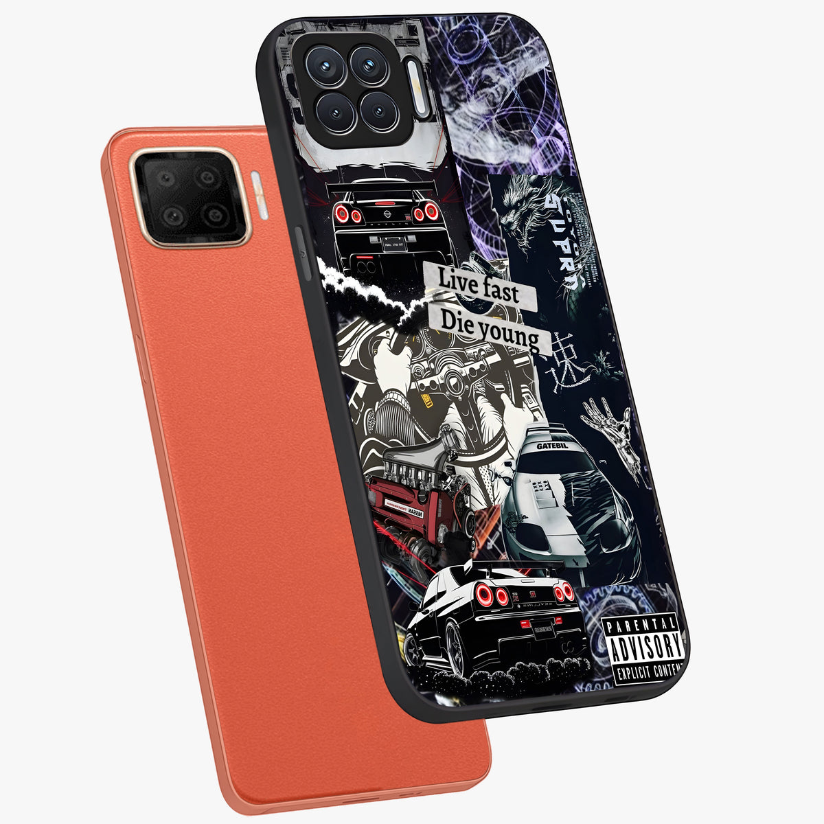 Die Young Glass Case displayed in angled mockup highlighting expressive graphic artwork with edgy aesthetic style.