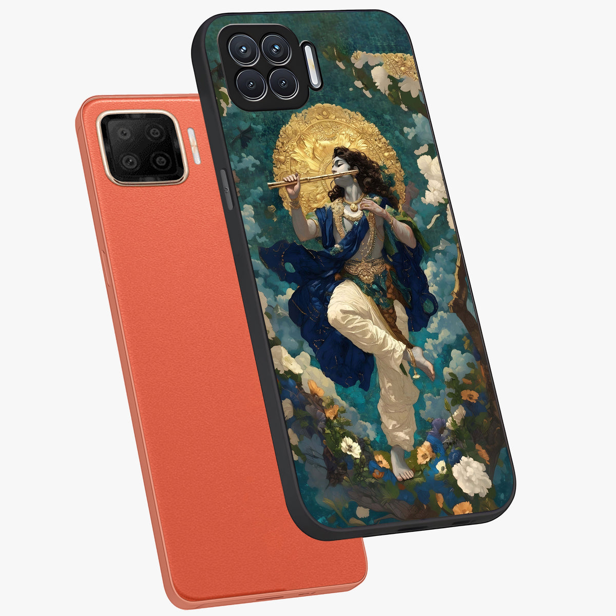 Divine Krishna Art Glass Case displayed in angled mockup highlighting spiritual Krishna illustration with devotional aesthetic.