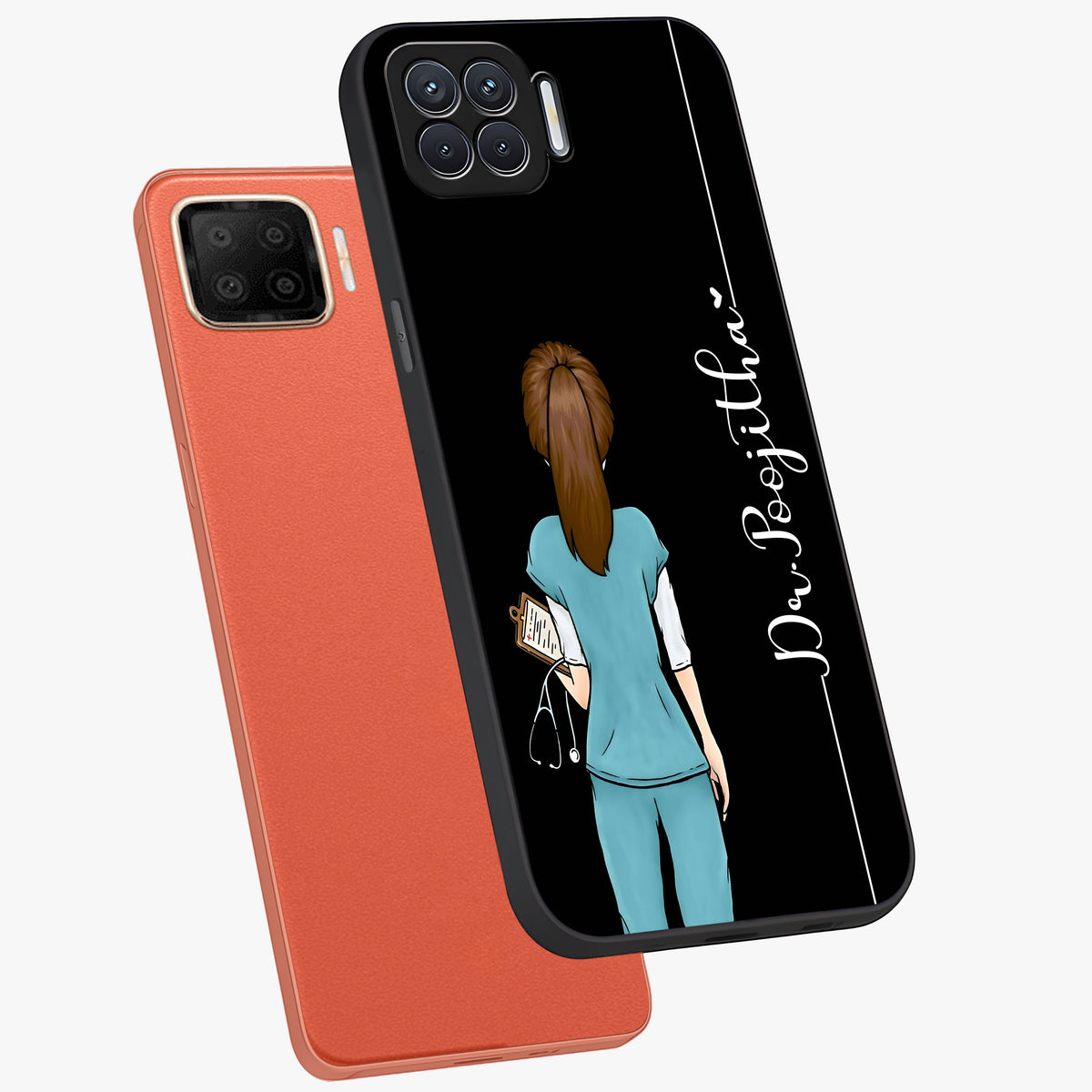 Doctor Pattern Custom Name Glass Case displayed in angled mockup highlighting doctor inspired artwork with custom name feature.