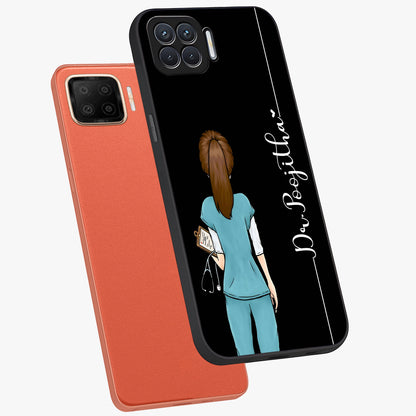 Doctor Pattern Custom Name Glass Case displayed in angled mockup highlighting doctor inspired artwork with custom name feature.