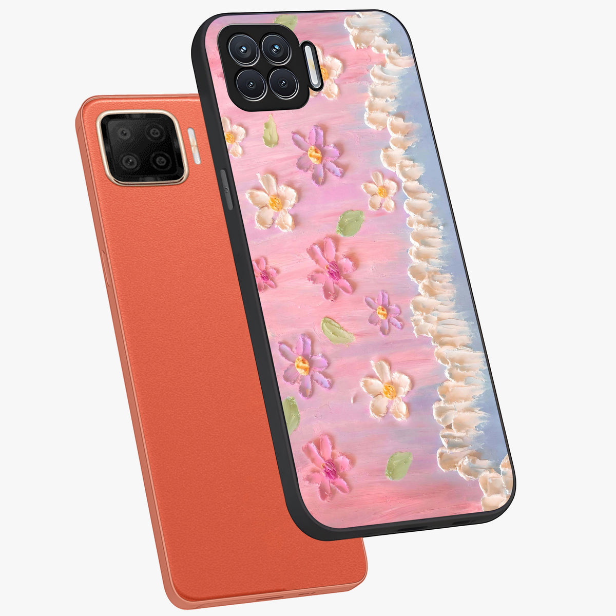 Dreamy Painted Garden Glass Case displayed in angled mockup highlighting colorful garden illustration with dreamy aesthetic style.