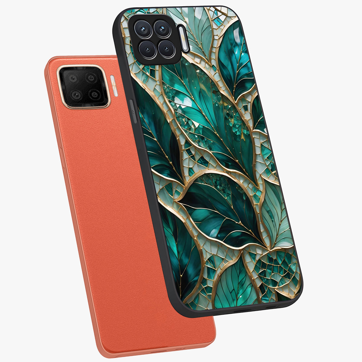 Emerald Leaf Glass Glass Case displayed in angled mockup highlighting botanical leaf illustration with elegant natural aesthetic.