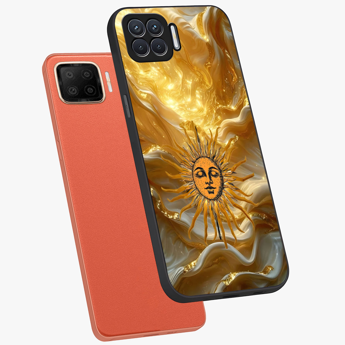 Eternal Golden Glow Glass Case displayed in angled mockup highlighting glowing golden aesthetic design with elegant style.