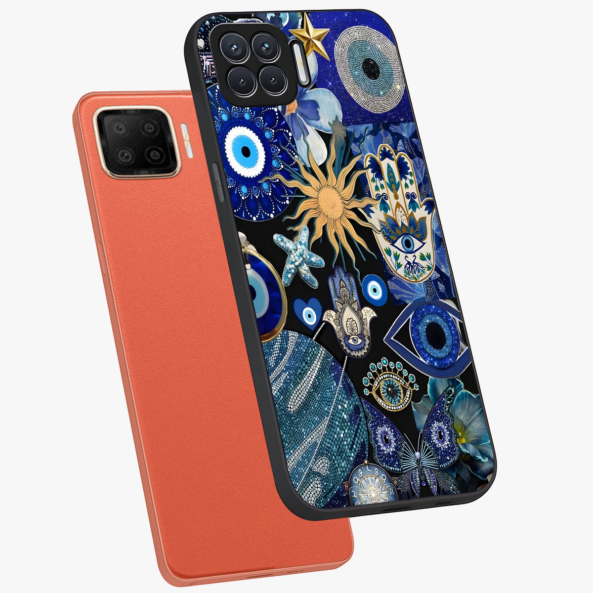 Evil Eye Charm Mix Glass Case displayed in angled mockup highlighting protective evil eye symbols with spiritual aesthetic design.