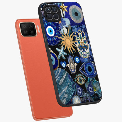 Evil Eye Charm Mix Glass Case displayed in angled mockup highlighting protective evil eye symbols with spiritual aesthetic design.