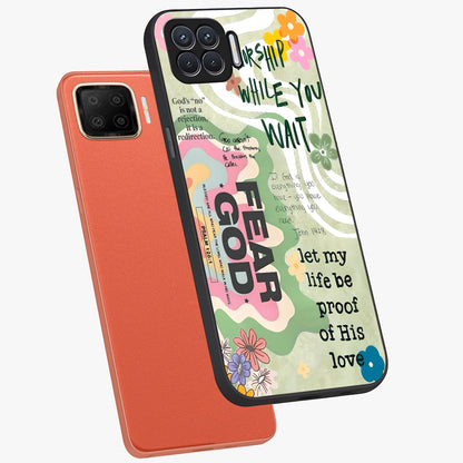 Faith Over Fear Glass Case displayed in angled mockup highlighting inspirational message design with modern aesthetic style.