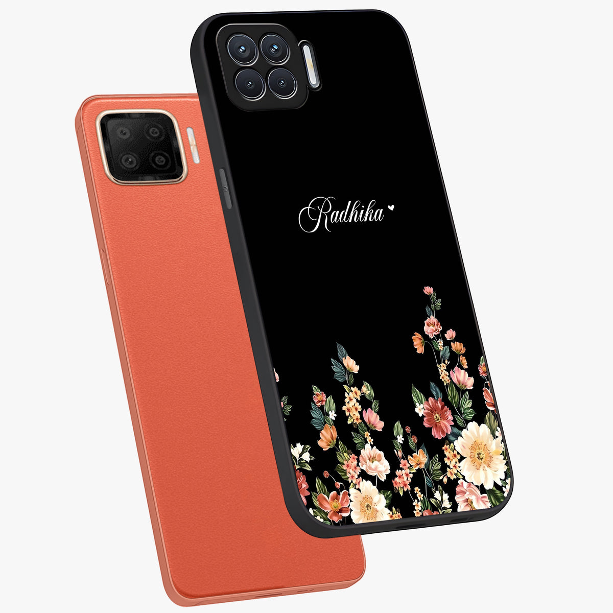 Floral Design With a Custom Personalized Name Glass Case displayed in angled mockup highlighting elegant floral pattern with custom name feature.