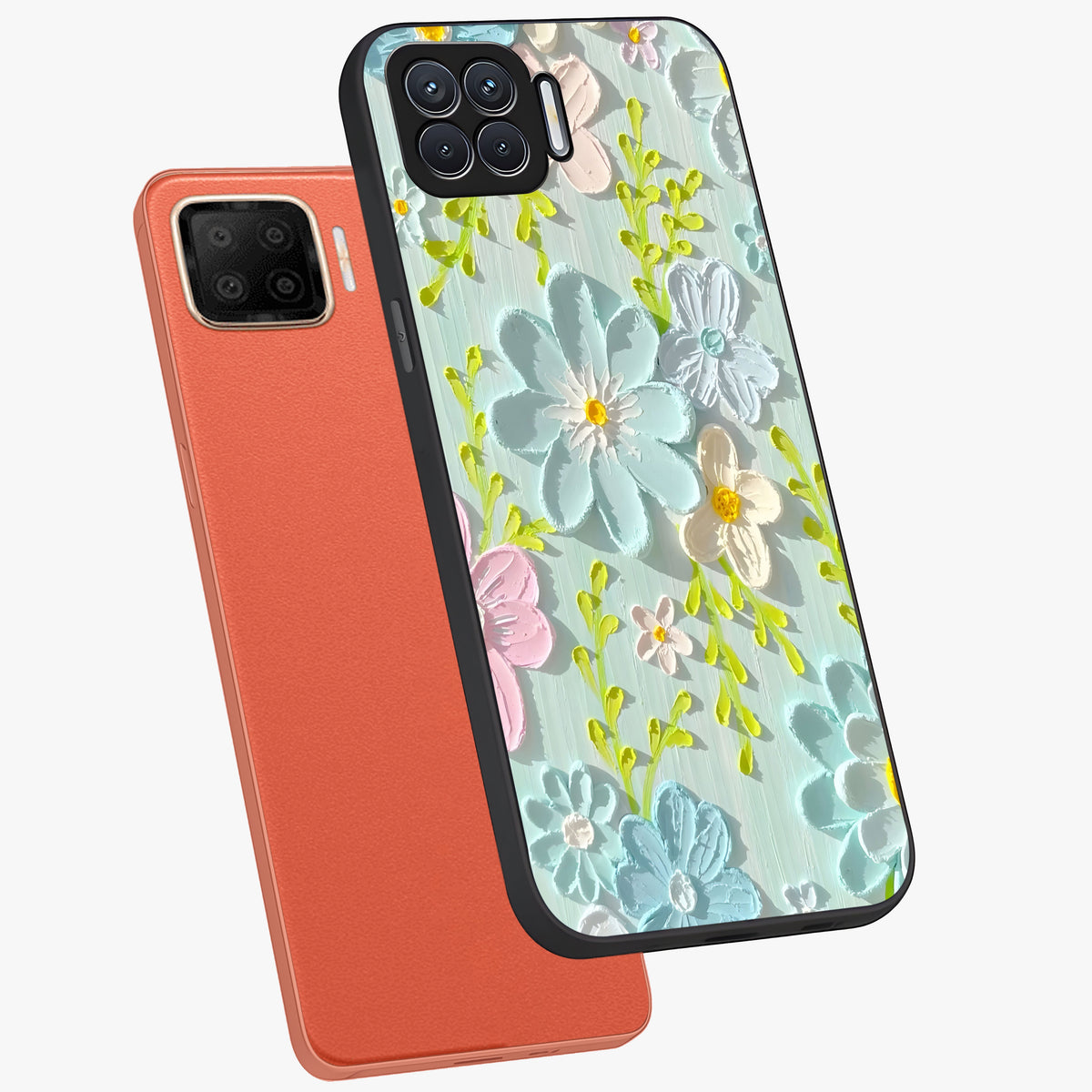Frosted Petal Garden Glass Case displayed in angled mockup highlighting delicate flower petal design with calm garden aesthetic.