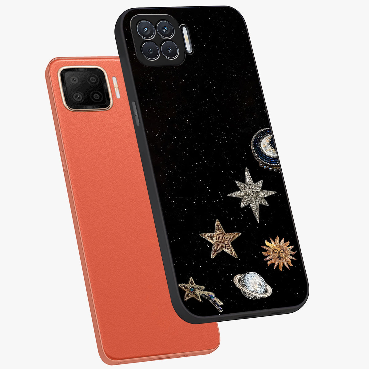 Galactic Charm Glow Glass Case displayed in angled mockup highlighting luminous galaxy inspired design with dreamy aesthetic.