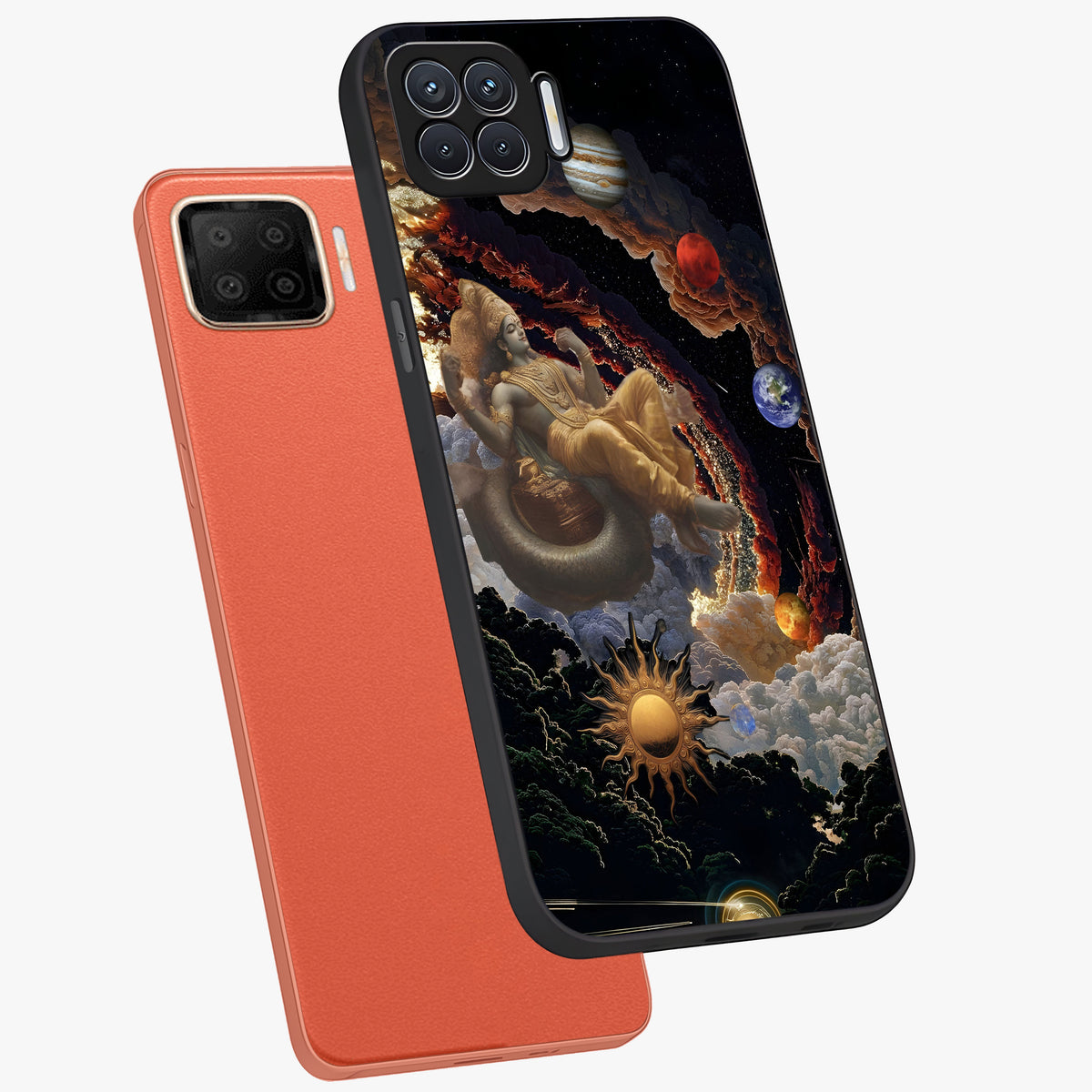 Galactic Divine God Glass Case displayed in angled mockup highlighting powerful celestial deity illustration with galactic aesthetic.