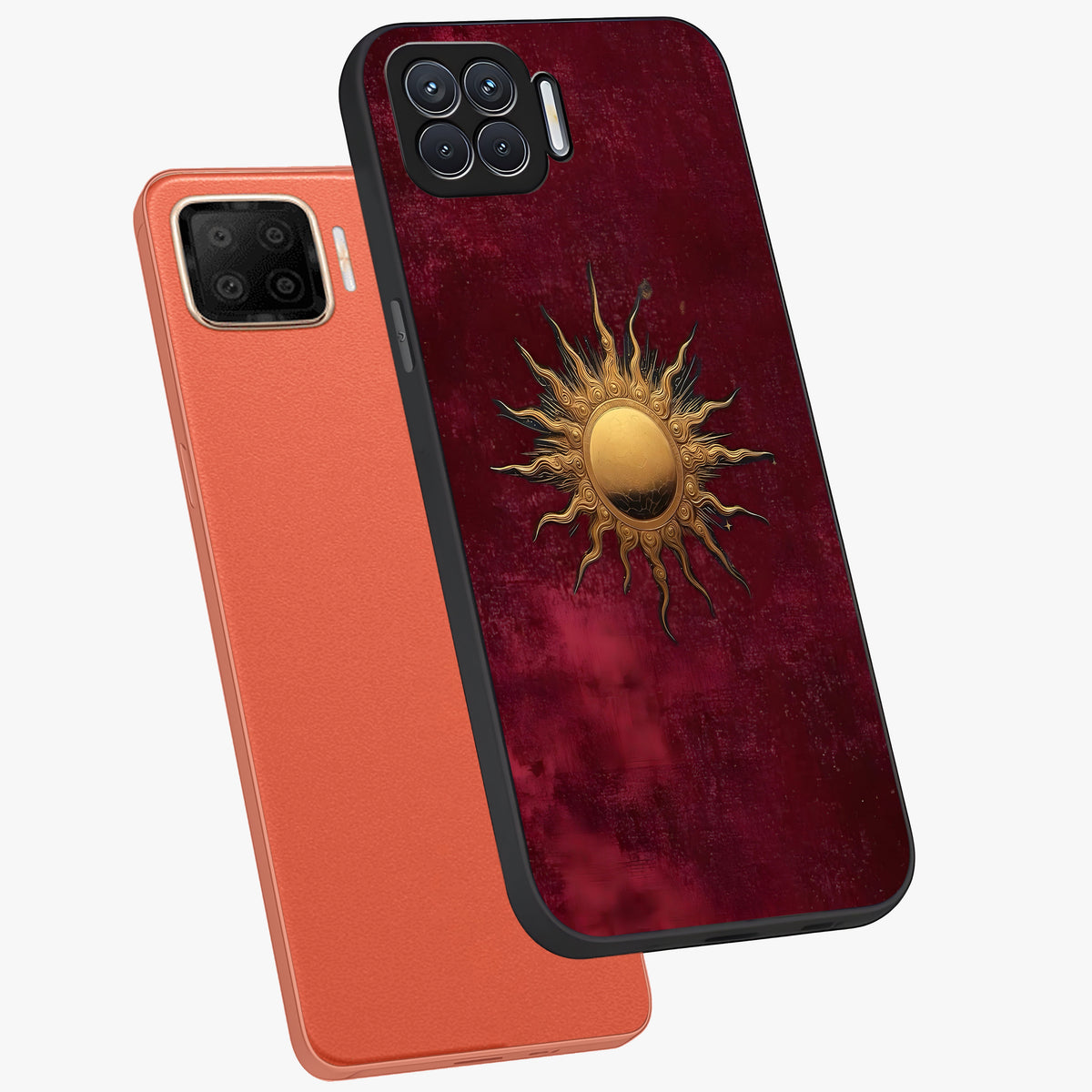 Golden Sun Minimalism Glass Case displayed in angled mockup highlighting clean sun symbol design with modern minimal aesthetic.