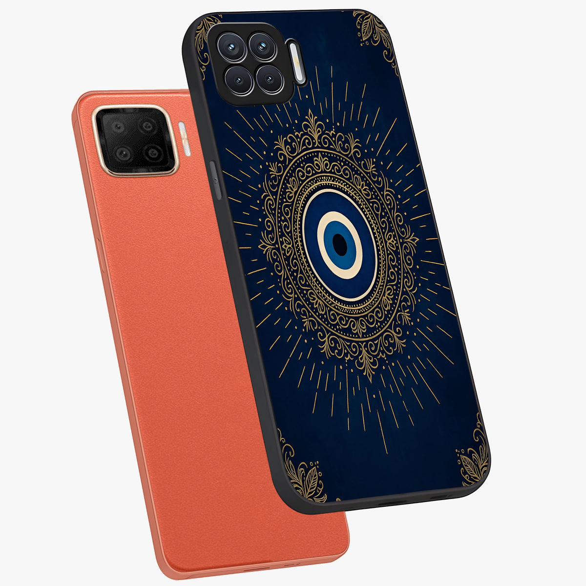 Golden Celestial Charm Glass Case displayed in angled mockup highlighting sparkling cosmic charm design with celestial aesthetic.