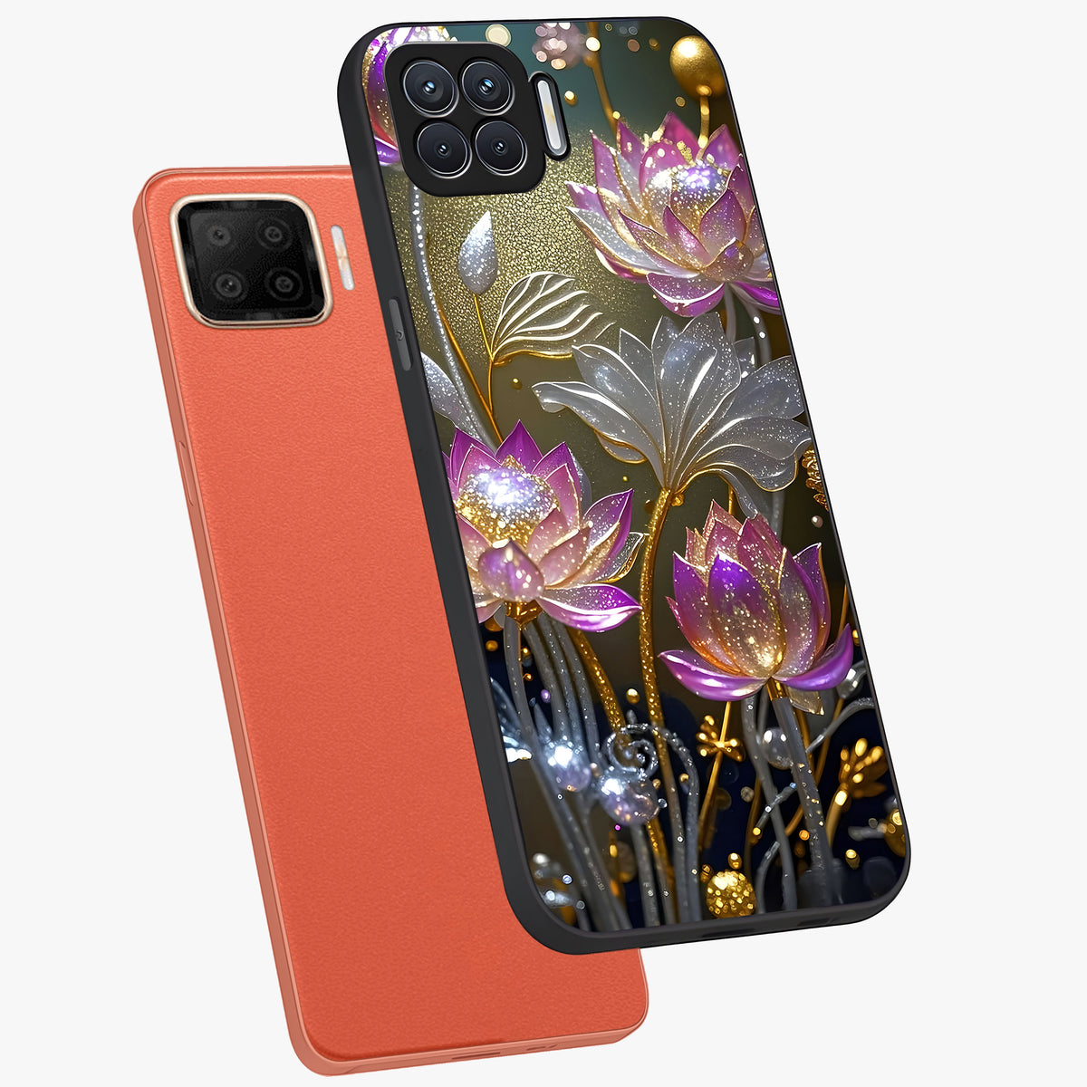 Golden Floral Majesty Glass Case displayed in angled mockup highlighting elegant flower design with royal golden aesthetic.