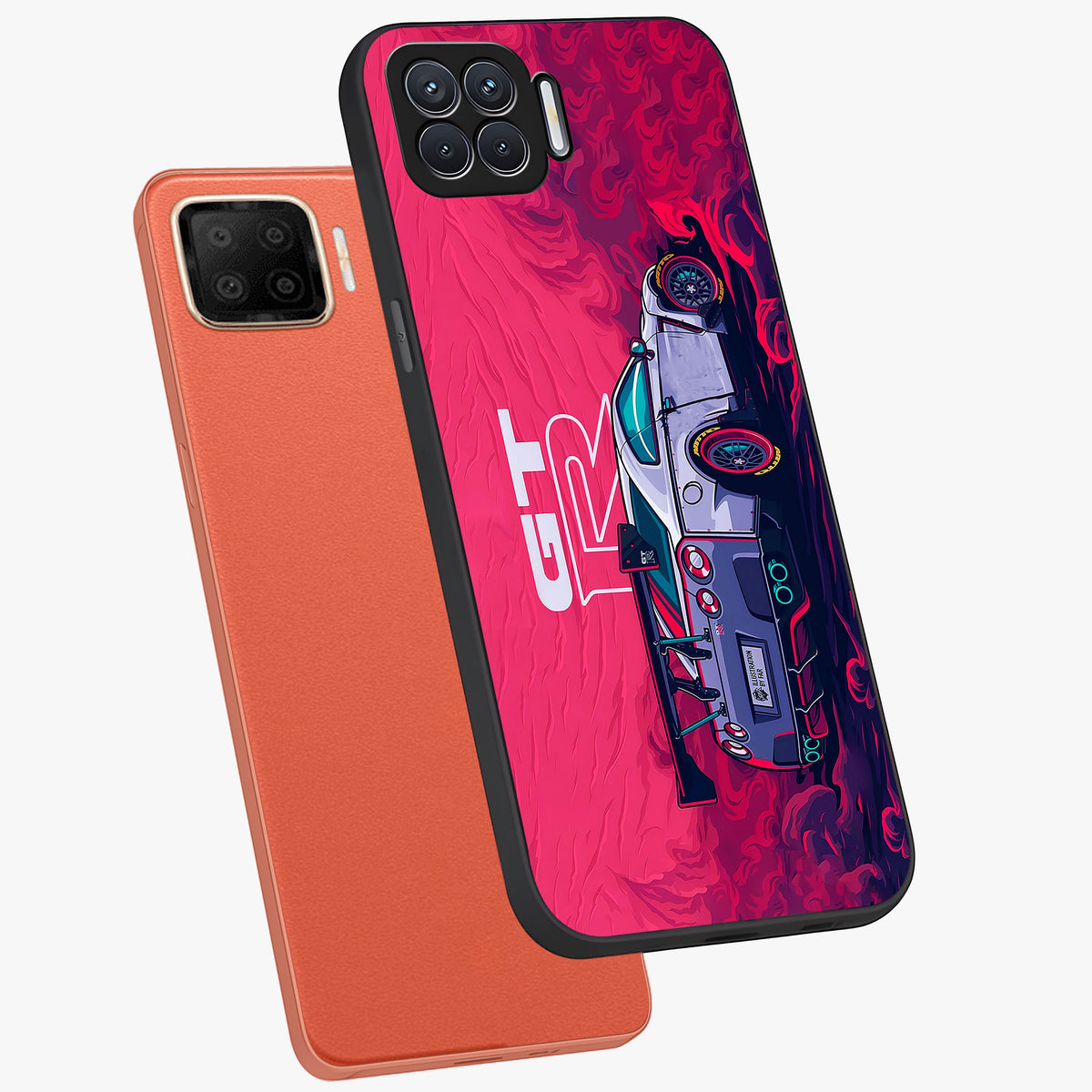 GT-R Car Pattern Glass Case displayed in angled mockup highlighting racing car graphic design with bold automotive aesthetic.