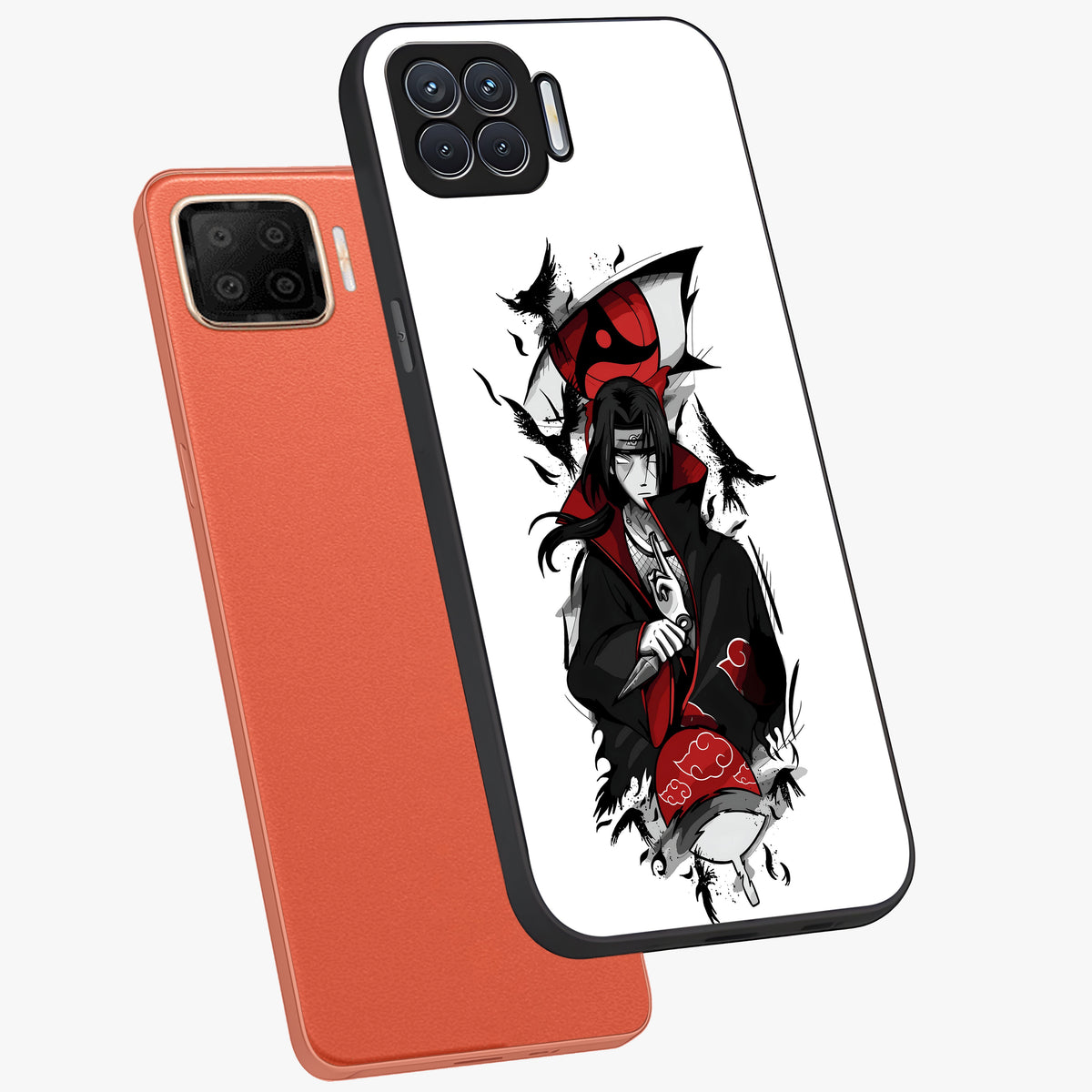Itachi Limited Edition Naruto Anime Glass Case displayed in angled mockup highlighting dramatic anime illustration with bold action aesthetic.