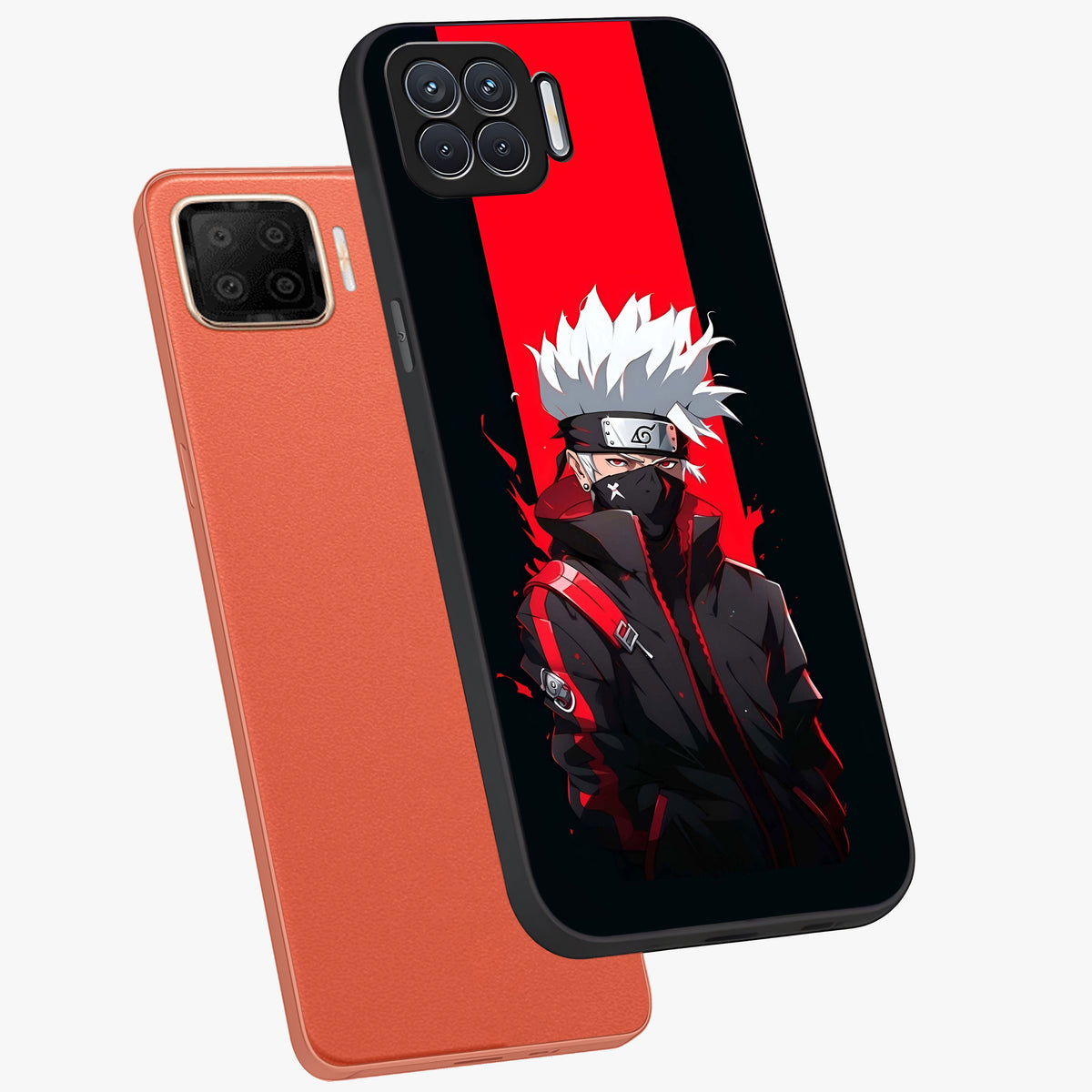 Kakashi Scarlet Shadow Glass Case displayed in angled mockup highlighting dramatic ninja illustration with scarlet themed aesthetic.